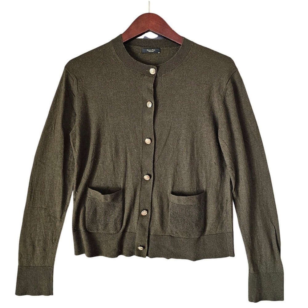 Massimo Dutti Womens Olive Green Gold Crest Button Front Cardigan Sweater Size M